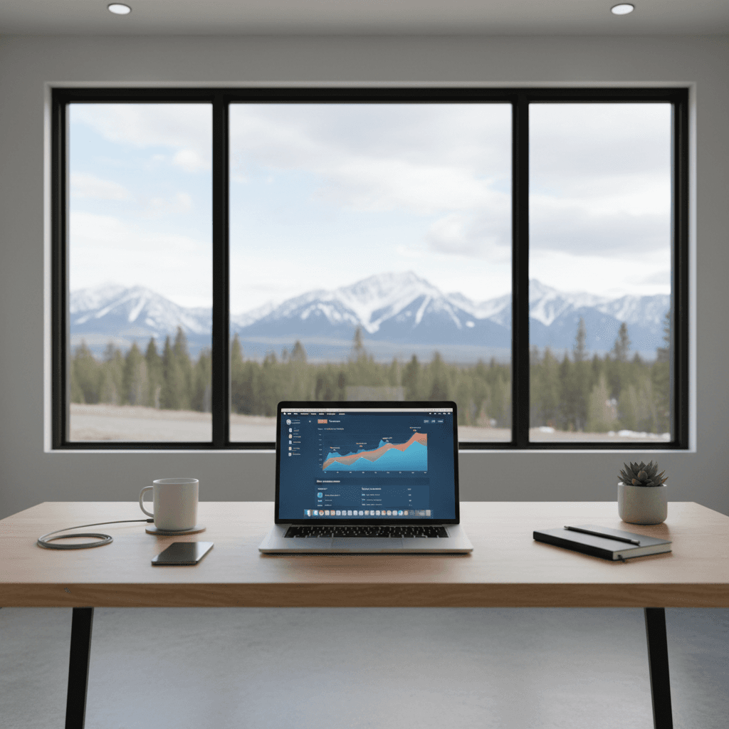 Marketing strategy workspace with mountain view