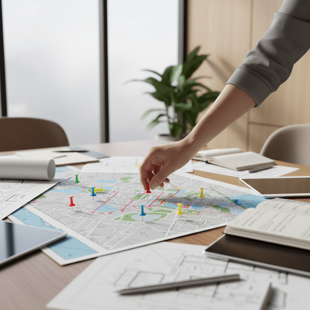 Hand placing location pin on service area map