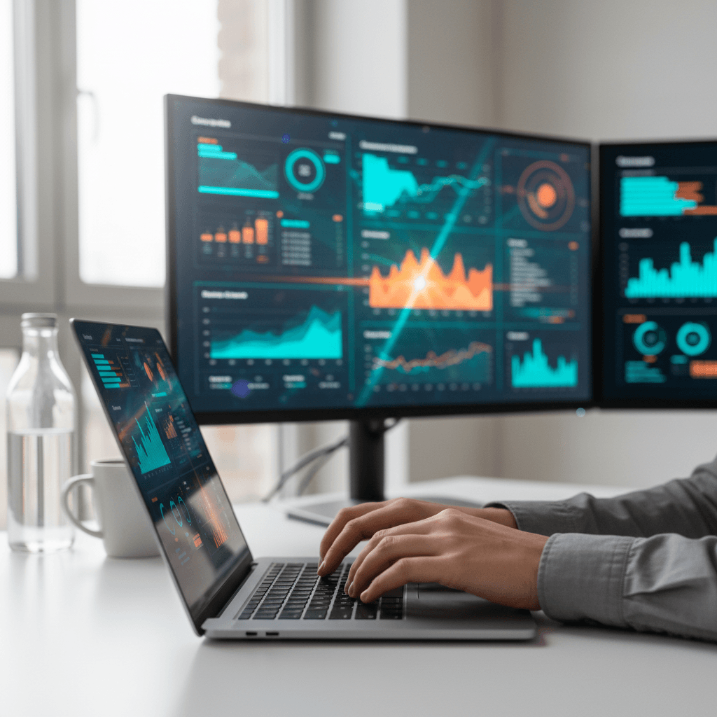 Workspace with laptop and notebook for planning a marketing project