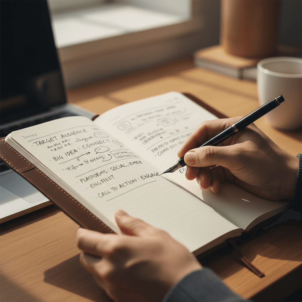 Hand sketching marketing ideas in a notebook