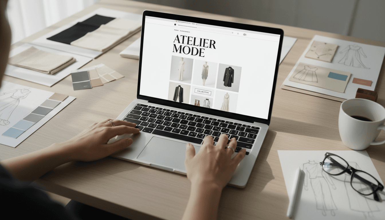 Designer workspace with website layout on laptop